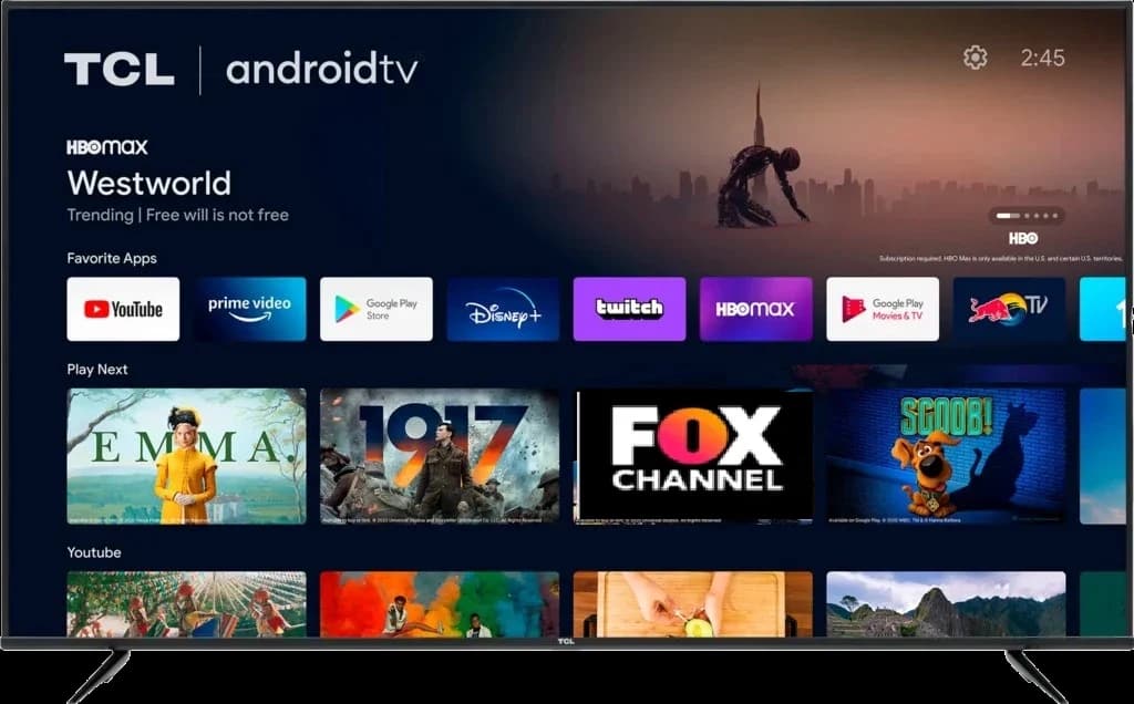 Smart TV showing a streaming home screen with apps, movies and live channels, ready for Epix IPTV